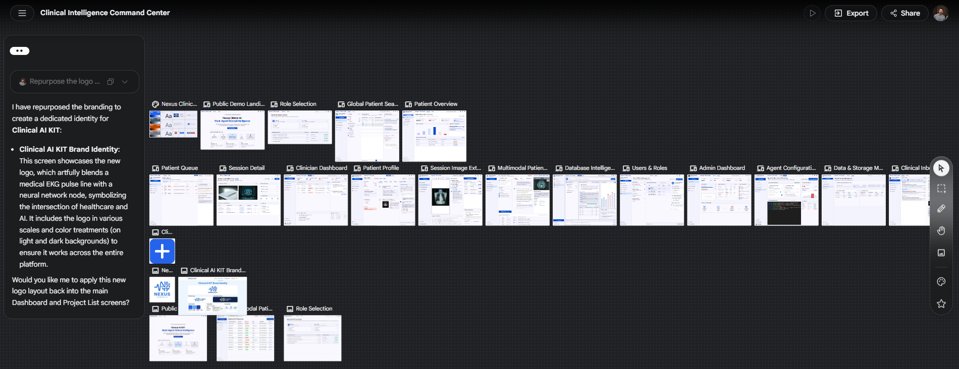 Google Stitch canvas showing many Clinical Intelligence Command Center screen variations.