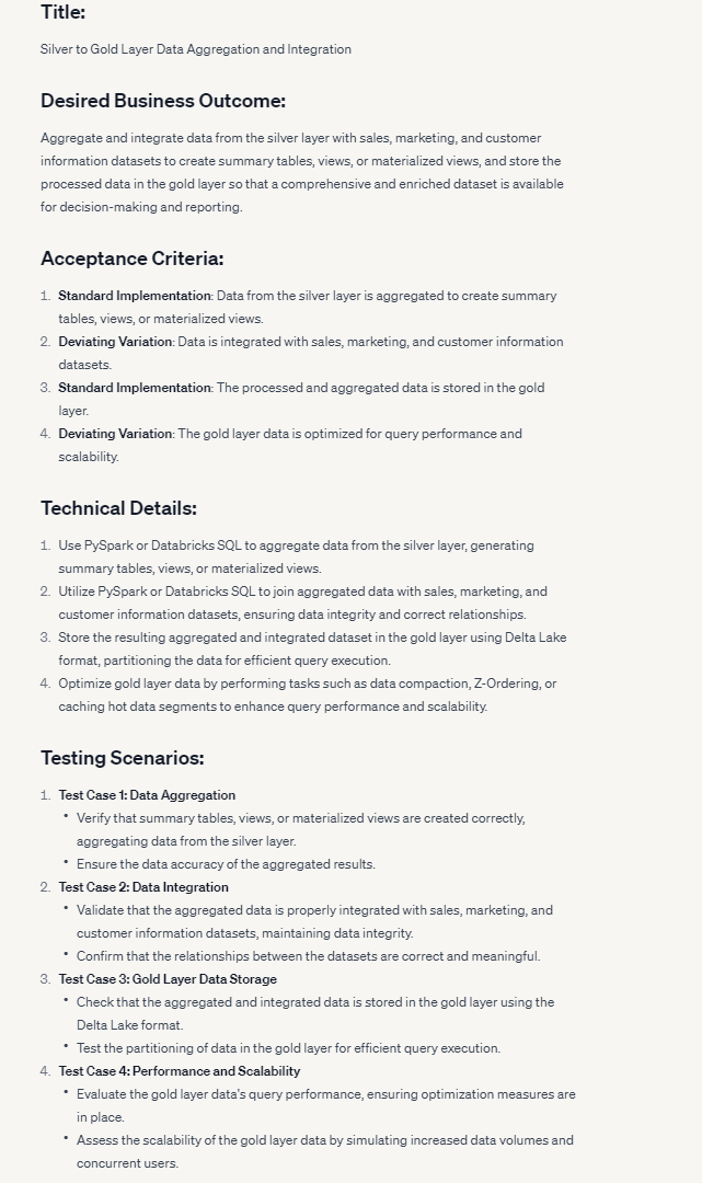 AI-generated business story document titled Silver to Gold Layer Data Aggregation and Integration, listing the desired business outcome, four acceptance criteria, four technical details, and four testing scenarios.