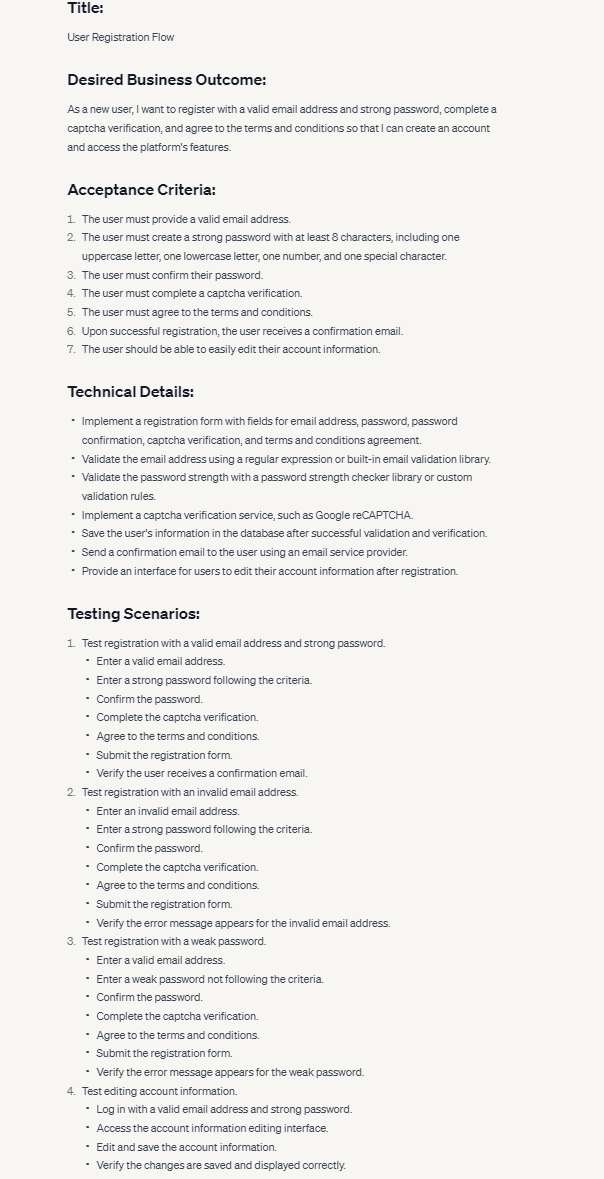AI-generated user story document titled User Registration Flow, listing seven acceptance criteria for email, password, captcha, and confirmation email, plus technical details and four testing scenarios.