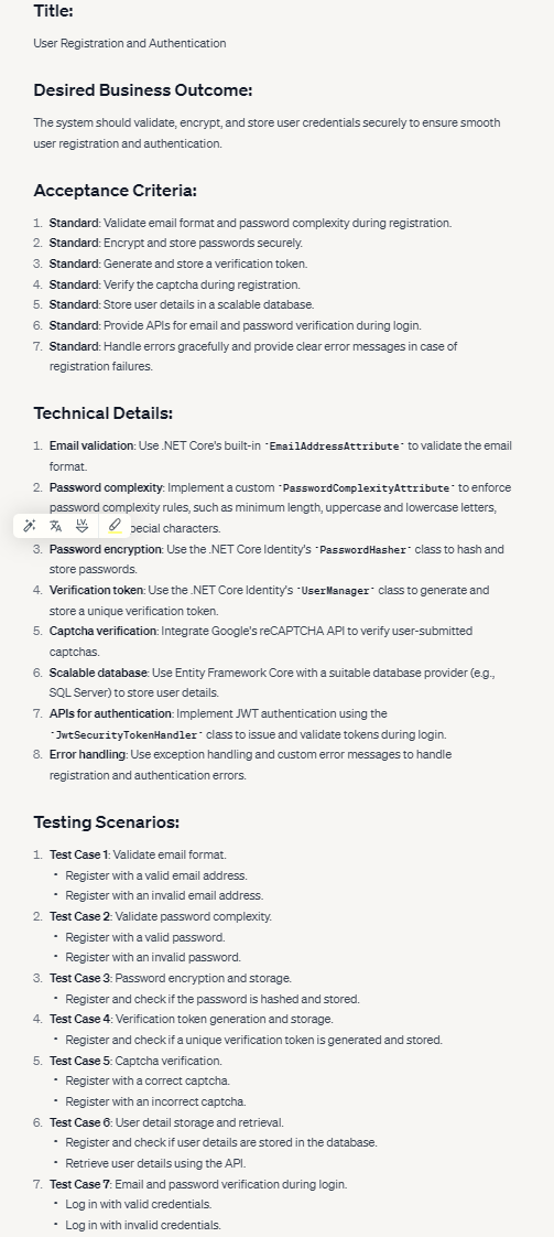 AI-generated technical story document titled User Registration and Authentication, listing seven standard acceptance criteria for email validation, password encryption, and token generation, with implementation details naming .NET Core classes and testing scenarios below.