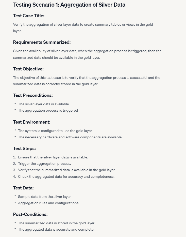 AI-generated test case document titled Testing Scenario 1, Aggregation of Silver Data, with sections for requirements summarized, test objective, preconditions, environment, steps, test data, and post-conditions.