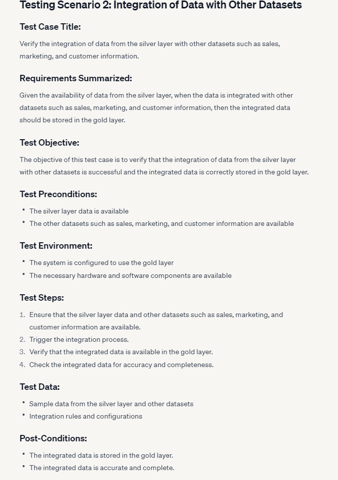 AI-generated test case document titled Testing Scenario 2, Integration of Data with Other Datasets, with the same requirements, objective, preconditions, environment, steps, test data, and post-conditions structure as the other test cases.