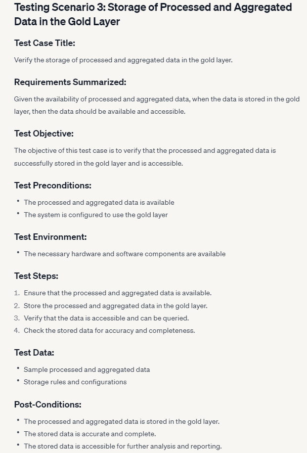 AI-generated test case document titled Testing Scenario 3, Storage of Processed and Aggregated Data in the Gold Layer, with the same requirements, objective, preconditions, environment, steps, test data, and post-conditions structure as the other test cases.